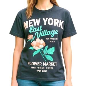 NY East Village Flower Market Graphic Tee Oversized Gray XS Junior